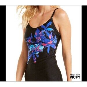NWT Calvin Klein Floral Tankini Top Black Blue Pink Swimsuit Size Medium